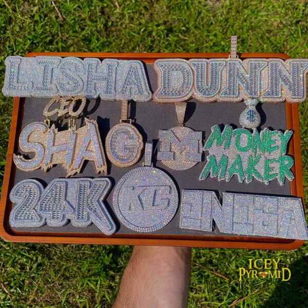 Money Bag Bail Two Tone Solid Iced Out Personalized Custom Name Necklace Pendant