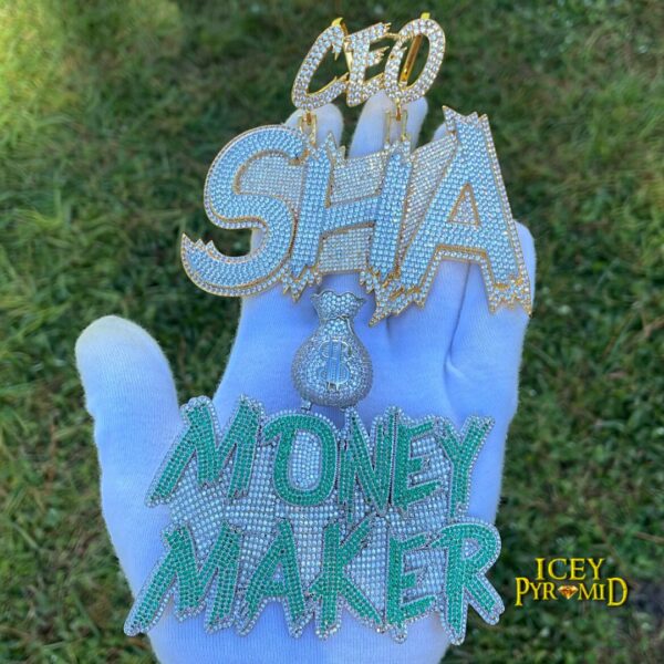 Money Bag Bail Two Tone Solid Iced Out Personalized Custom Name Necklace Pendant