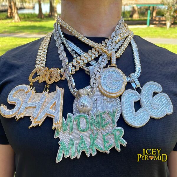 Money Bag Bail Two Tone Solid Iced Out Personalized Custom Name Necklace Pendant