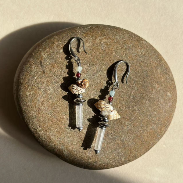 Lucky Energy Conch and Clear Quartz Dangle Earrings